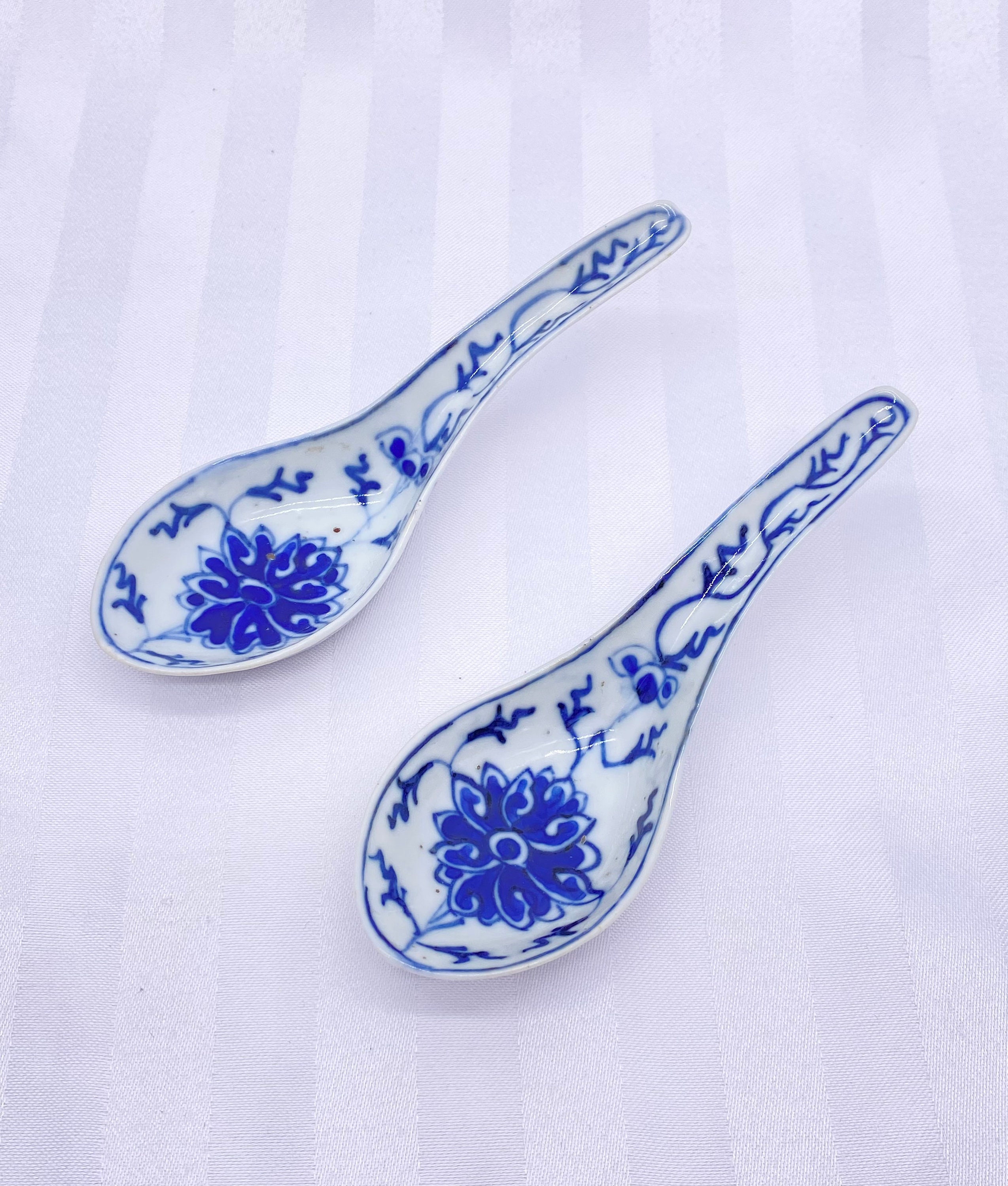 Pair of Chinese Blue and White Porcelain Spoons With Lotus Etsy