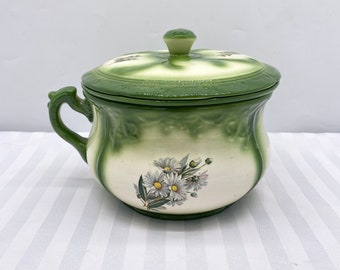 Large Porcelain Tureen with Warming Insert and Lid - Green Porcelain with White Flowers - Vintage Porcelain Soup Tureen Signed Porcelain