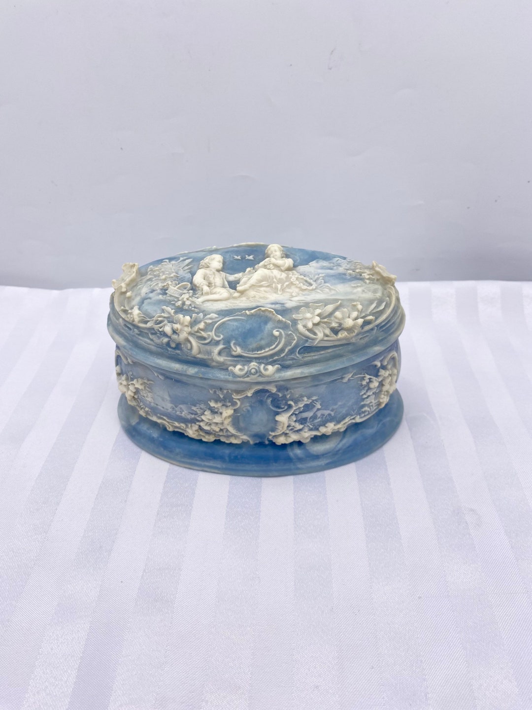Vintage Incolay Stone Jewelry Box in Blue With White Relief 1950s and 1960s Vintage Stone