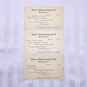 Tarjeta de cortesía de la Cámara de Representantes de la década de 1940 - Howard Smith de Virginia - Director del FBI J. Edgar Hoover