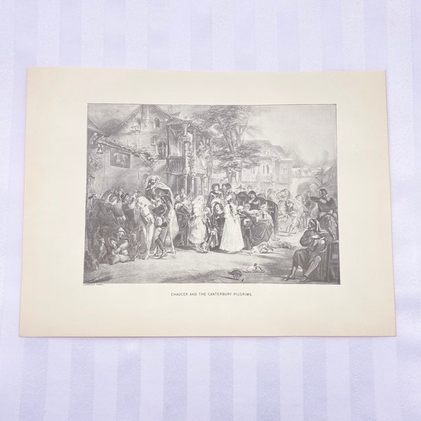 Chaucer and the Canterbury Pilgrims by Corbould - Gravure Engraving from Great Men and Famous Women - 1800s Engraving