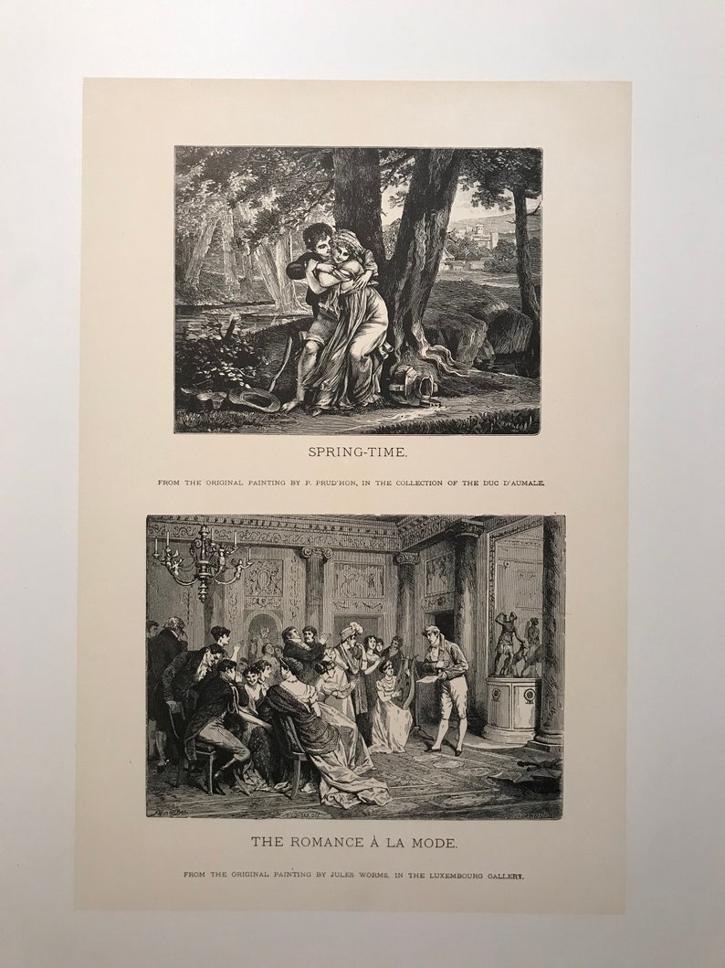 Spring-Time by P. Prudhon and The Romance A La Mode by Jules Worms Photogravure Engraving 1881 Victorian Wall Art Print image 3