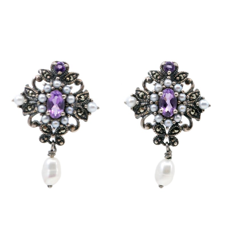 Pearl Silver Earrings 0723BS Pyrite Amethyst Marcasite