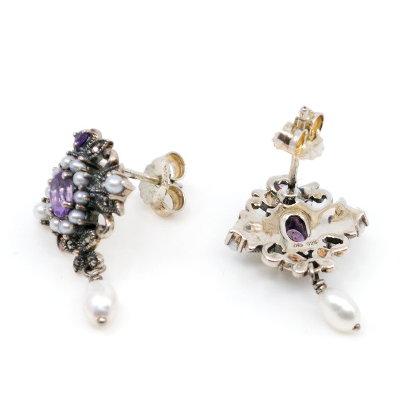 Pearl Silver Earrings 0723BS Pyrite Amethyst Marcasite