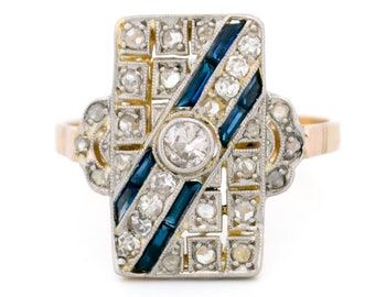 Diamond verneuil sapphire 14k rectangle-shape art-deco ring 15906-2466