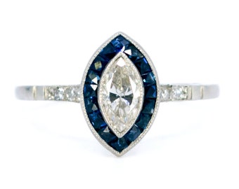 Sapphire Diamond Platinum Navette Ring 8583-2060