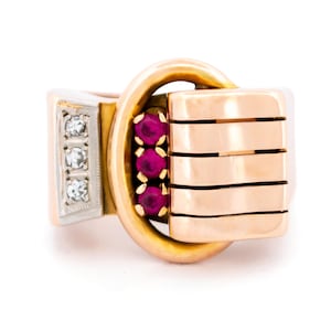 Bague de tank avec diamants et rubis 14 carats 17309-9165