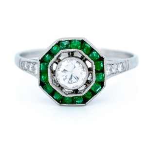 Diamond emerald platinum octagon-shape ring 13259-5088