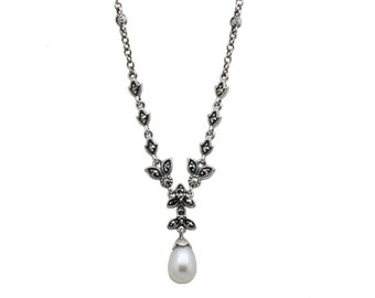 Marcasite (pyrite) pearl silver lavalier necklace 15849-2339
