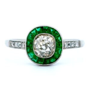 Diamond emerald platinum halo ring 13211-5050