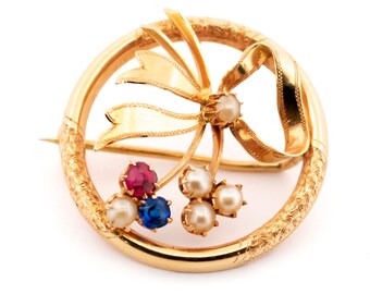 Garnet Iolite (Water Sapphire) Pearl 14k Ribon Brooch 14925-8425