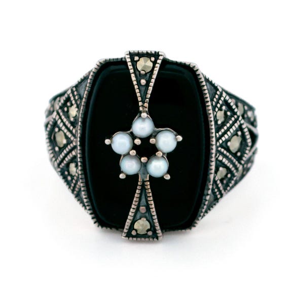 マーカサイト（黄鉄鉱）オニキスパールシルバーリング 14728-1810