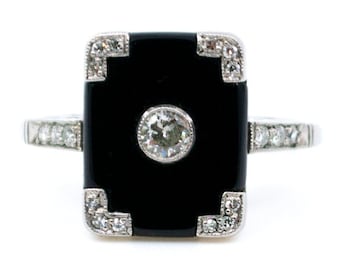 Diamond onyx platinum rectangle-shape ring 8807-0038