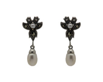 Marcasite (pyrite) pearl silver pendant earrings 15846-2336