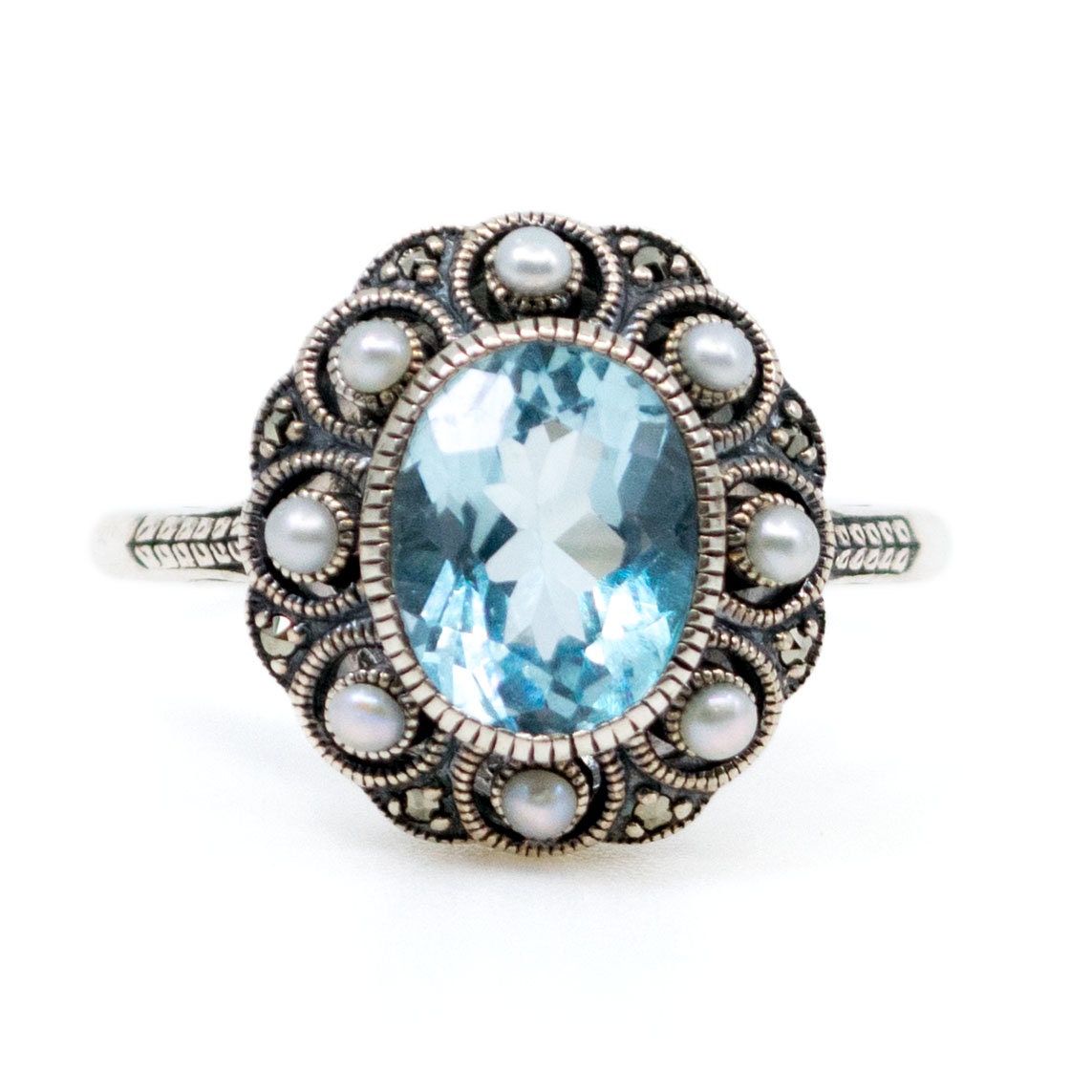 Marcasite (pyrite) Pearl Topaz Silver Cluster Ring 14201 Marcasite (pyrite) Pearl Topaz Silver Cluster Ring 14201