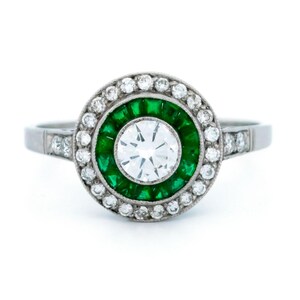 Diamond emerald platinum halo ring 13721-5105