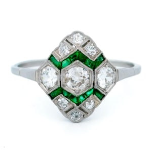 Diamond emerald platinum deco ring 13731-2395