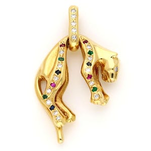 Diamond emerald ruby sapphire 18k hanging panther pendant 19093-9689