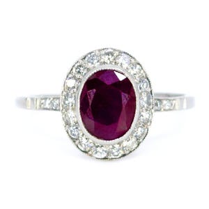 Diamond ruby platinum halo ring 7429-1945
