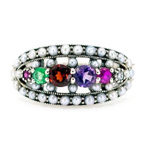 Anillo de plata 925 con múltiples gemas, amatista, diamante, esmeralda, granate, perla y rubí (18227-3374)