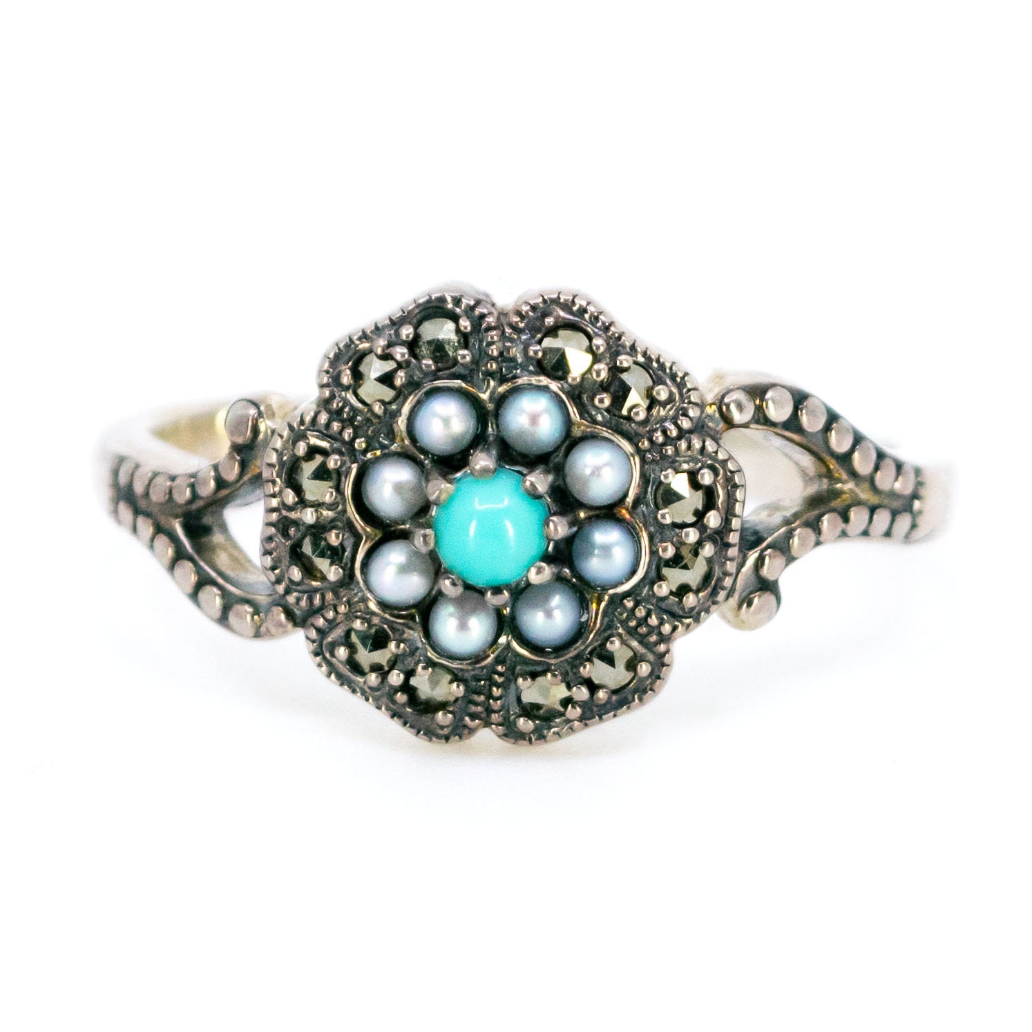 Marcasite (pyrite) Pearl Turquoise Silver Cluster Ring 15378