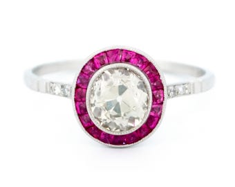 Diamond ruby platinum halo ring 6966-1885