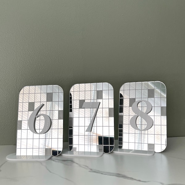 Retro Wedding Table Numbers, Arch Mirror Table Numbers,  Silver Table Numbers, Disco Table Numbers