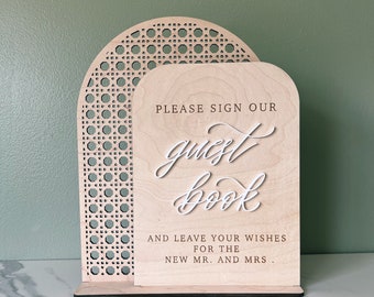 Boho Guestbook Sign | Wood Rattan Guestbook Sign | Please Sign Our Guestbook and Leave Your Wishes for the New Mr. And Mrs.