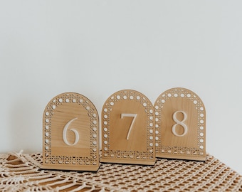 Boho Wedding Table Numbers,  Arch Wood Table Numbers, Wood Table Numbers, Boho Table Numbers, Wood Rattan Number with Stand