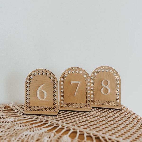 Boho Wedding Table Numbers,  Arch Wood Table Numbers, Wood Table Numbers, Boho Table Numbers, Wood Rattan Number with Stand