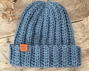 Grey Beanies with rim, Baby, Child, Teen, Adult.  Made to order within a week, wool blend, leather tag.