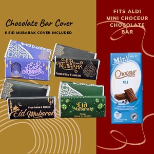 May include: Six colourful chocolate bar wrappers with the text "Eid Mubarak" in Arabic script and English. The wrappers are designed to fit Aldi Mini Choceur chocolate bars.