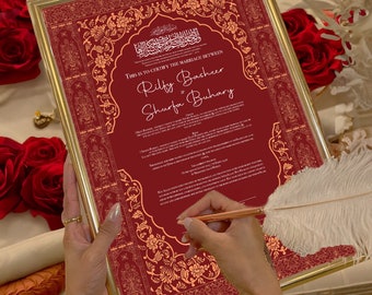 May include: A red and gold framed marriage certificate with ornate floral designs. The text reads "This is to certify the marriage between Rilly Basheer and Shurfa Buhary".