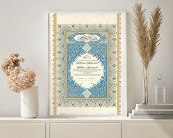 Puede incluir: Un certificado de matrimonio islámico enmarcado con intrincados diseños florales azules y dorados. El texto dice "This Agreement is in Document of the Marriage of Mohamed Mohamed & Fattima Mohamed".