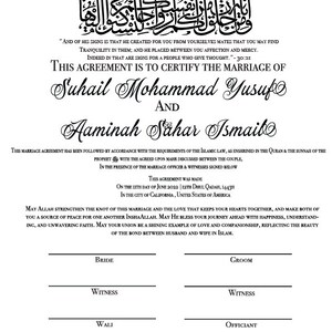 Pode incluir: Um certificado de casamento isl&acirc;mico em preto e branco com o texto "This Agreement is to Certify the Marriage of Suhail Mohammad Yusuf and Aaminah Sahar Ismaibo". O certificado &eacute; datado de 12 de junho de 2022.