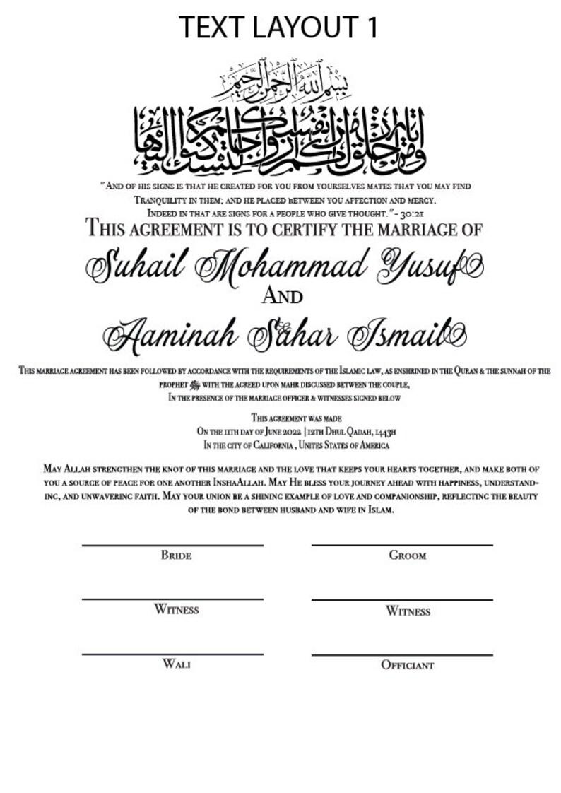 Pode incluir: Um certificado de casamento isl&acirc;mico em preto e branco com o texto "This Agreement is to Certify the Marriage of Suhail Mohammad Yusuf and Aaminah Sahar Ismaibo". O certificado &eacute; datado de 12 de junho de 2022.