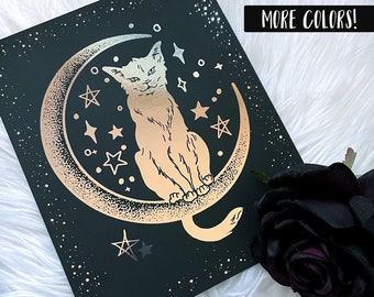 Crescent moon cat print, Witchy cat, Wiccan art print, Cat art occult, Pagan black cat, Witchy art print, Halloween cat art, Celestial foil