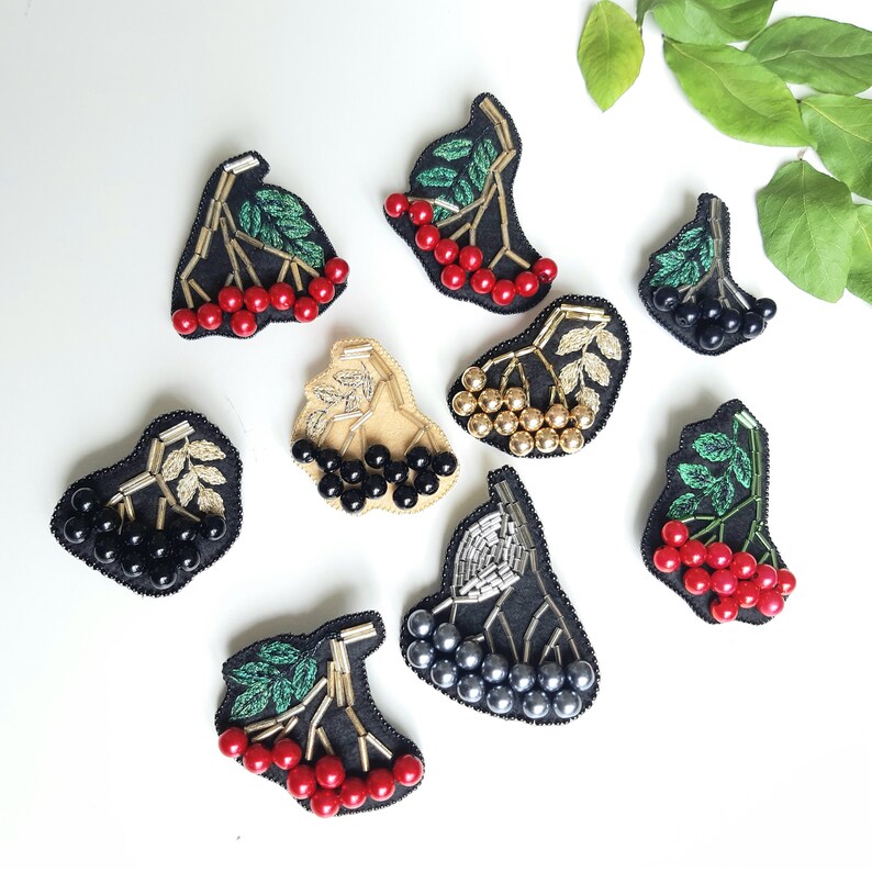 Brooch for women Black Berries Sorb Brooch Beige Floral Pin Floral pin Rowanberry Beaded Brooch