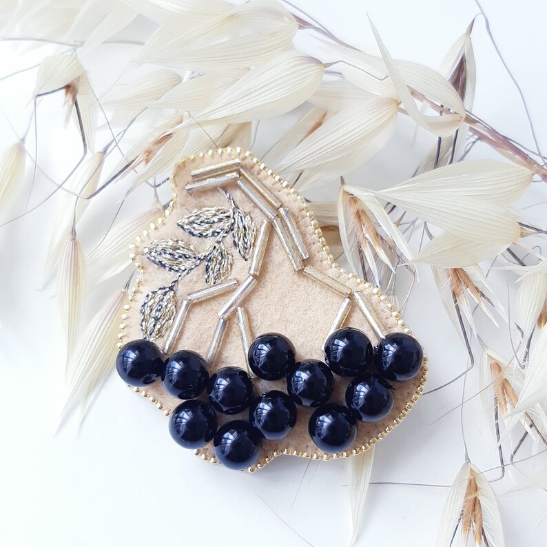 Brooch for women Black Berries Sorb Brooch Beige Floral Pin Floral pin Rowanberry Beaded Brooch