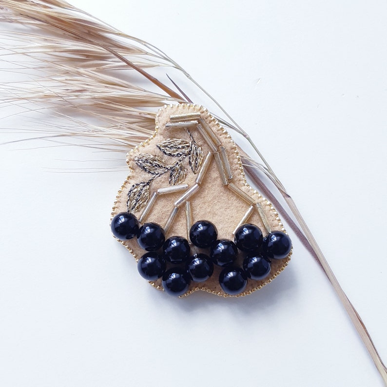 Brooch for women Black Berries Sorb Brooch Beige Floral Pin Floral pin Rowanberry Beaded Brooch