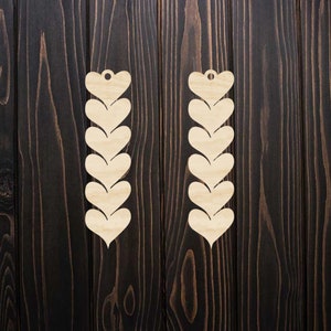 Line of hearts earrings, bulk unfinished laser cut wood cutouts, wood blanks