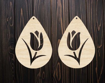 Tulips, bulk unfinished laser cut wood cutouts for earrings, wood blanks, various sizes