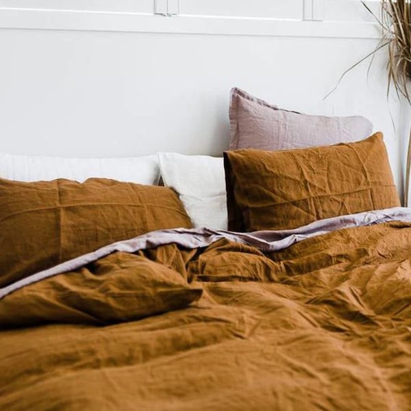 NATURAL LINEN DUVET cover with pillow cases, rust color boho duvet cover in twin queen king, organic bedding set