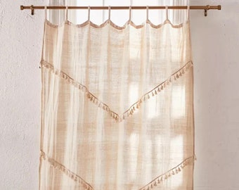 Cortina de barra con cuentas de algodón bohemio de 2 paneles para ventana/puerta, cortinas para sala de estar, cortinas bohemias con borlas