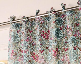 Vintage Style Printed Green Curtains Panel, Designer Door Curtains With Tie Back, Tie Top, Pocket Rod Option, Pure Cotton Curtain