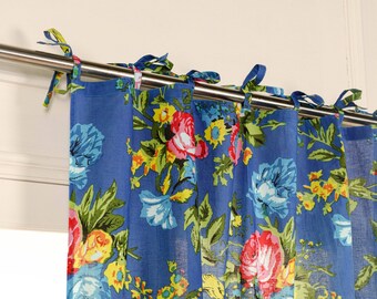 Blue Floral Print Semi Sheer Cotton Curtains, Boho Drapes, Block print curtains, Cottage Decor, Drapes for home