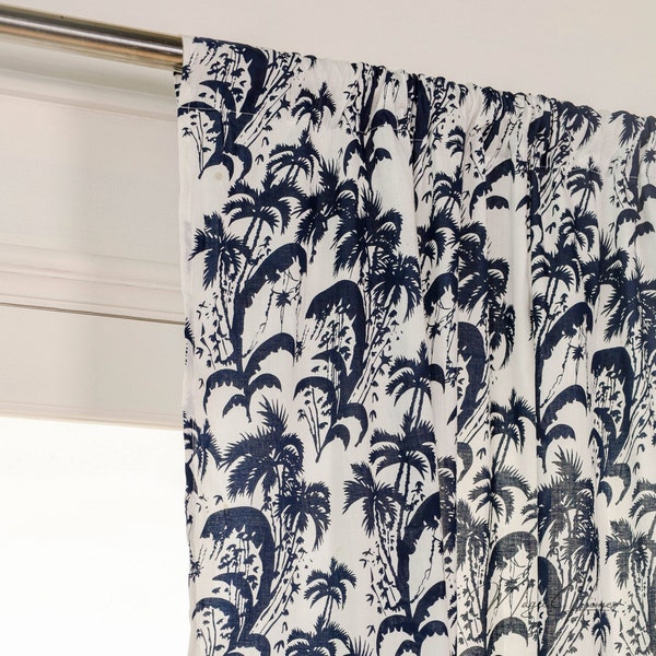 Navy French Toile Cotton Curtains with Tab Top, Rod Pocket, and Tie Backs for Bedroom, Kitchen, and Bathroom Drapes