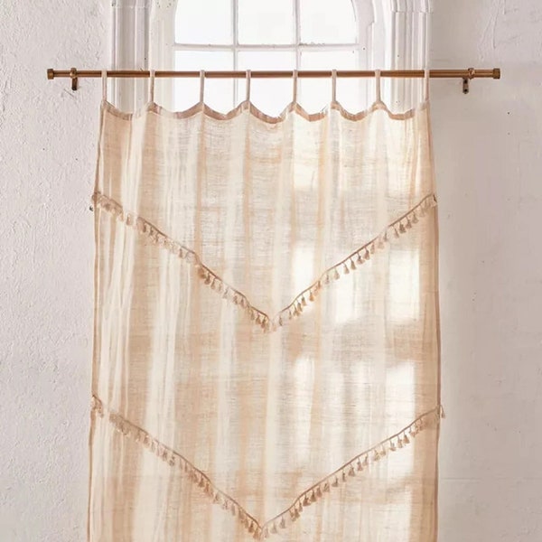 2 Panel Boho Cotton beaded rod curtain for window / door Curtains Drapes for Living Room Tassels Bohemian Curtains