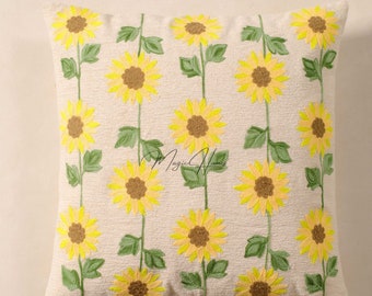 Taie d'oreiller fleur marguerite jaune Aari Work, taie de coussin fleurie brodée, coussins aiguilletés, cadeau de coussin Boho