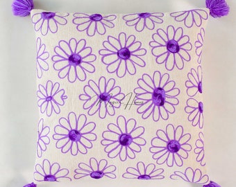 Purple Daisy Flower Embroidered Cushion Case, Art Deco Needle Punch Pillow Case, Bohemian Throw Cushion, Abstract Throw Pillow Cover Gift